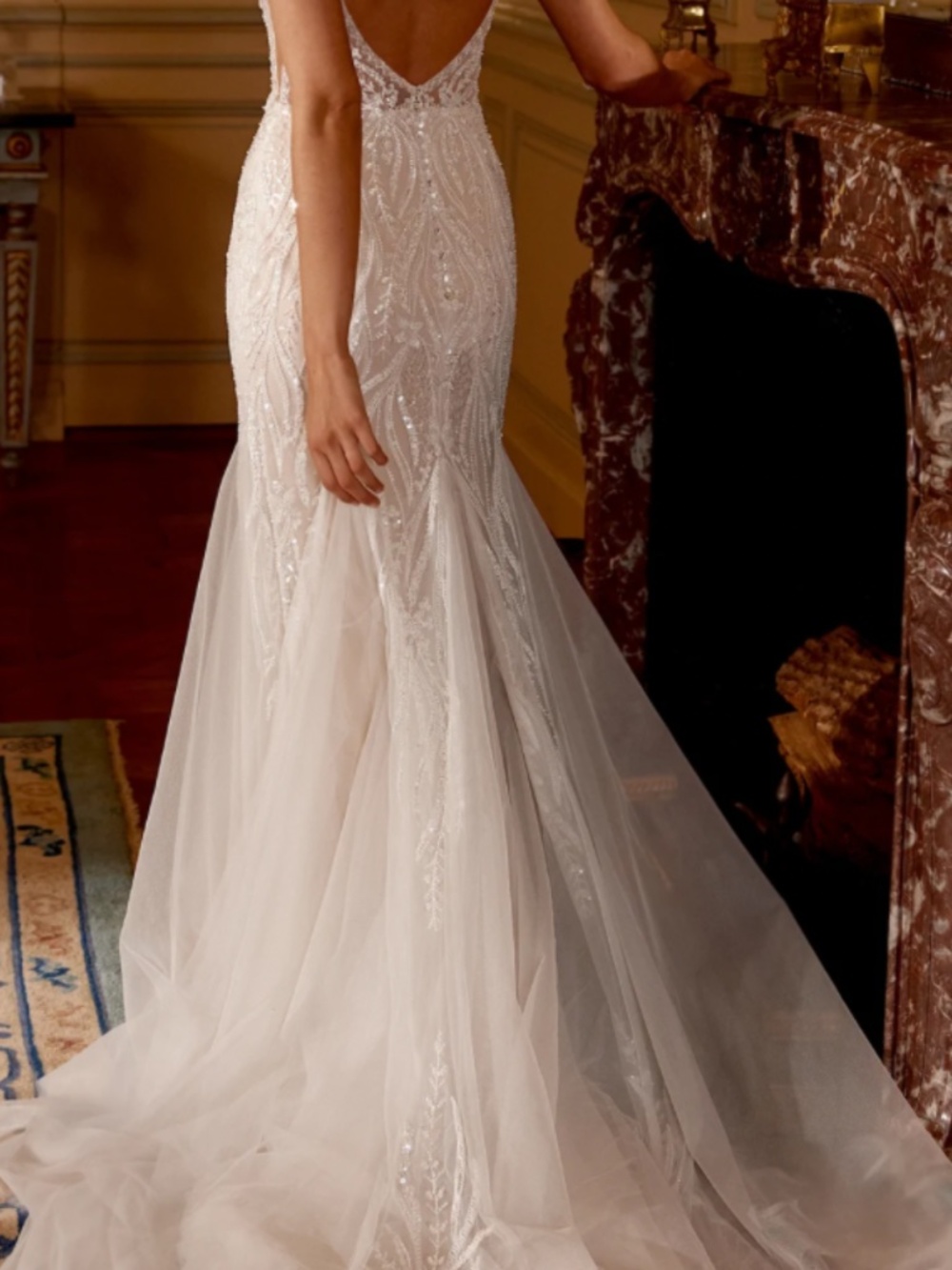 Beaded Ivory-White V-Back Wedding Gown